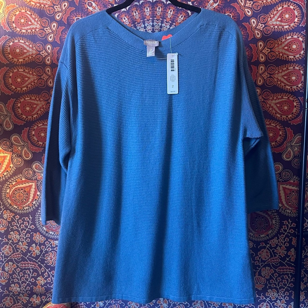 Chico's Angela 3 Qtr Pullover Basic Sweater Pacific Coast Blue Size 2 L Large